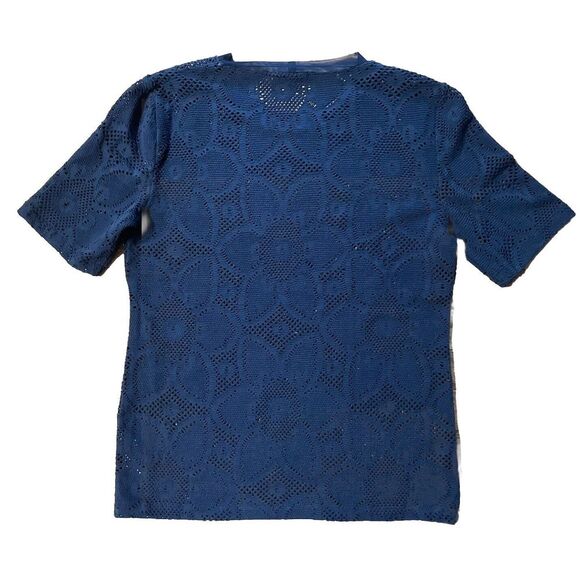 J.Crew Women's Short Sleeve Netted Stretch Lace Top Navy Blue Semi Sheer Medium - Picture 3 of 7